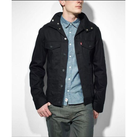 Levi’s Men’s Small Commuter Pro Trucker Jacket Black Hooded Stretch Denim Biker - Picture 1 of 10